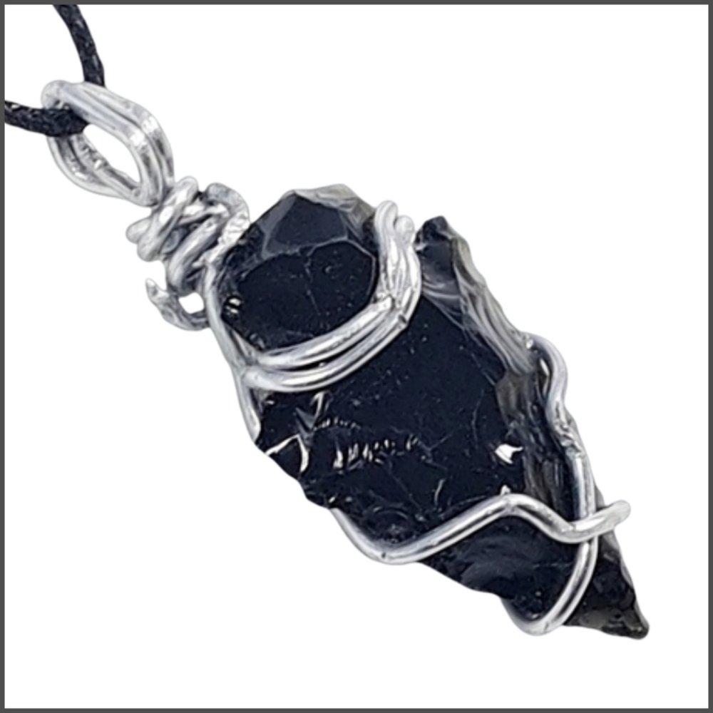 Hand-Wired Obsidian Arrowhead Pendant with Black Cord Adjustable Necklace. NWOT